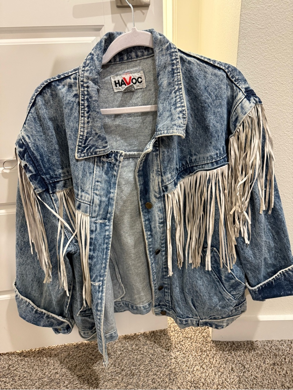 Vintage Havoc Acid-Wash Denim Fringe Jacket - Blue with White Fringe